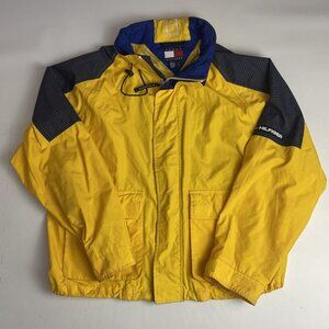 VTG Tommy Hilfiger Hooded Tactical Windbreaker Yellow Rain Jacket Men’s Size M
